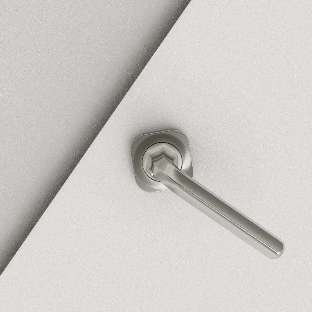 Close-up of Allen door handle in satin nickel