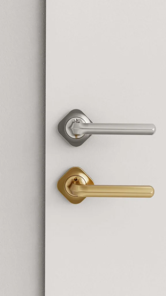 Close-up of Allen door handle in satin nickel
