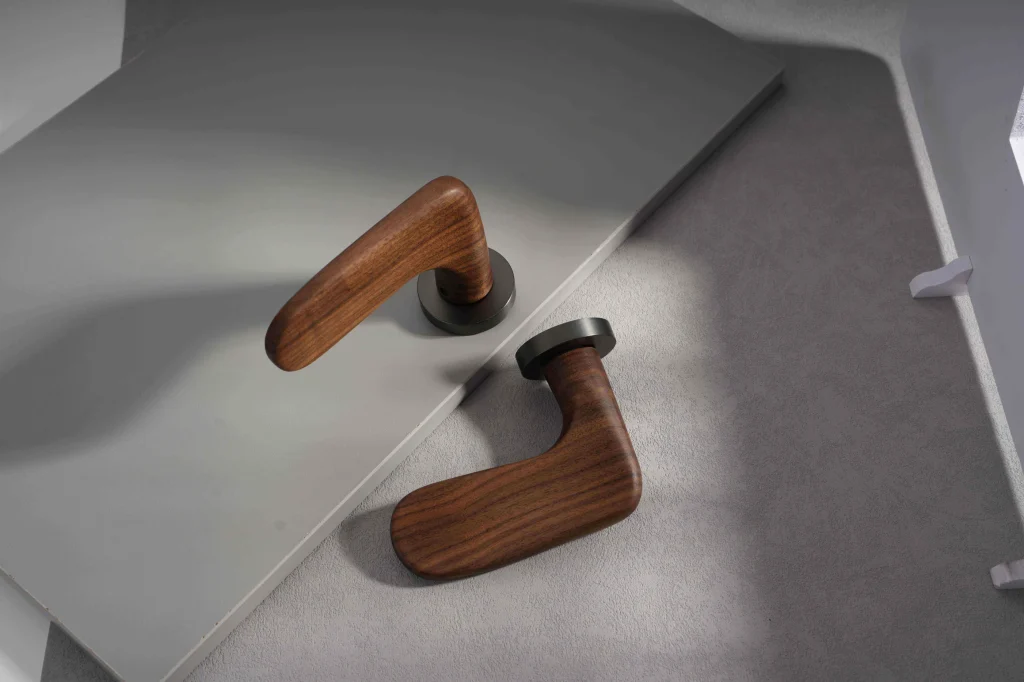 Designer wood door handle inspired by Porvoo architecture