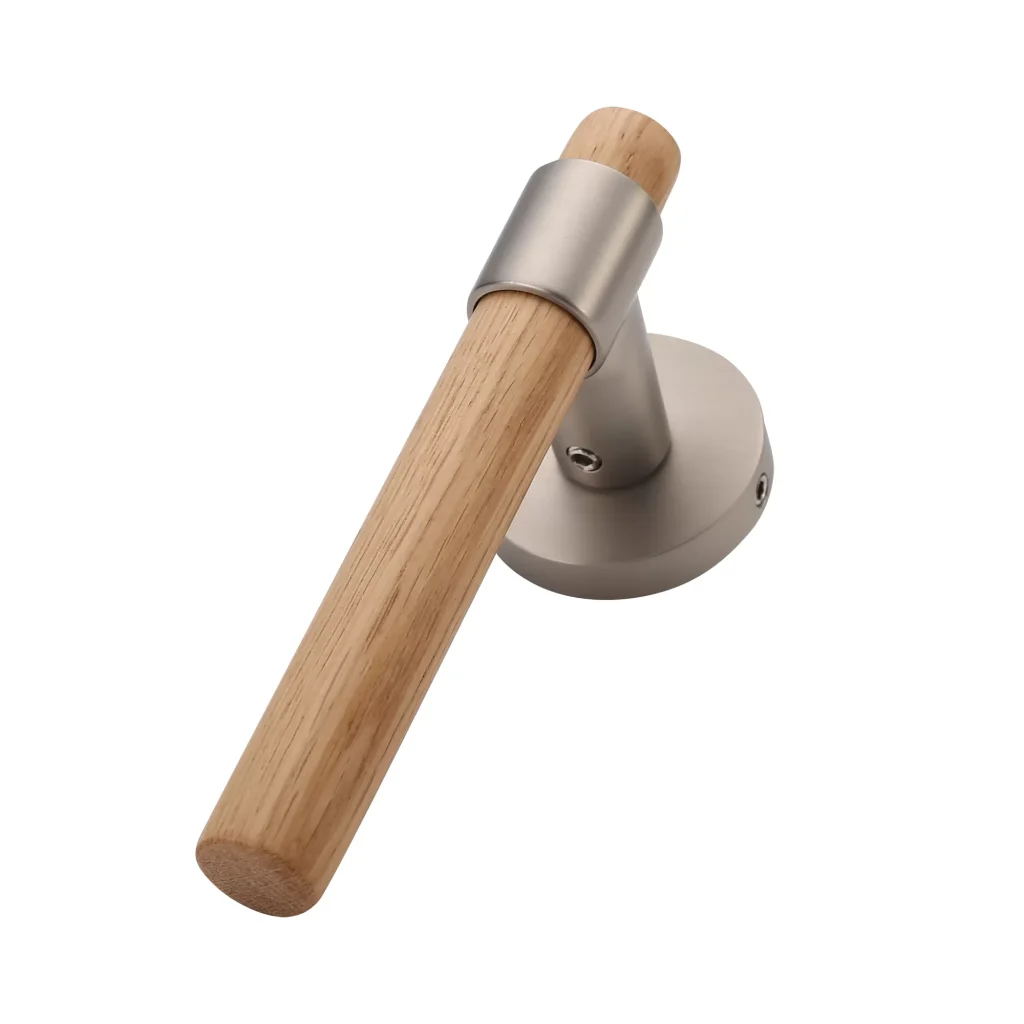 Lyana door handle in brushed nickel and real wood