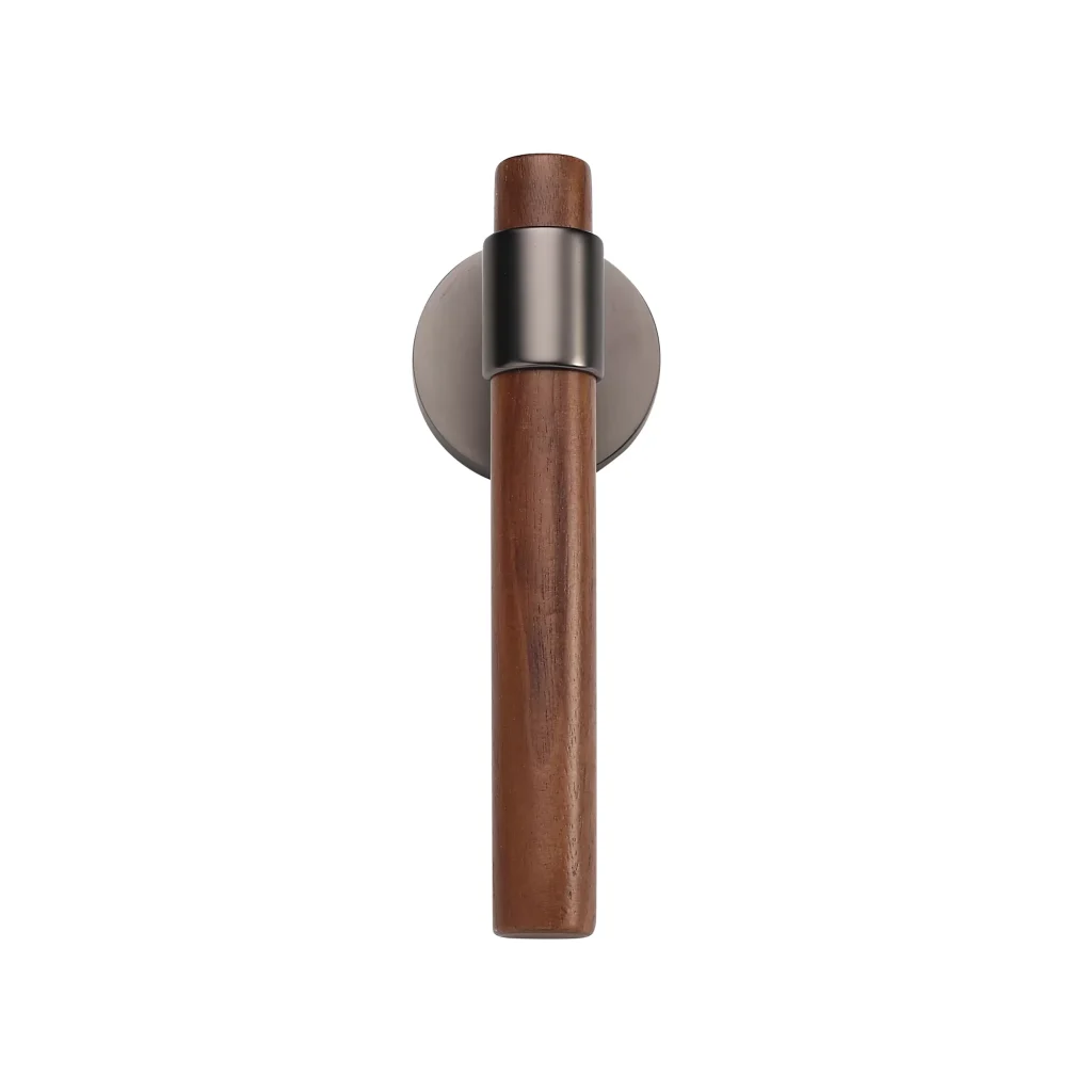 Modern walnut wood and anthracite metal door handle